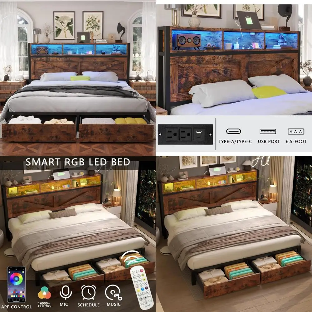 King Size Farmhouse Bed Frame with Bookcase Headboard, Storage Drawers, LED Lights, and Charging Station - No Box Spring Require