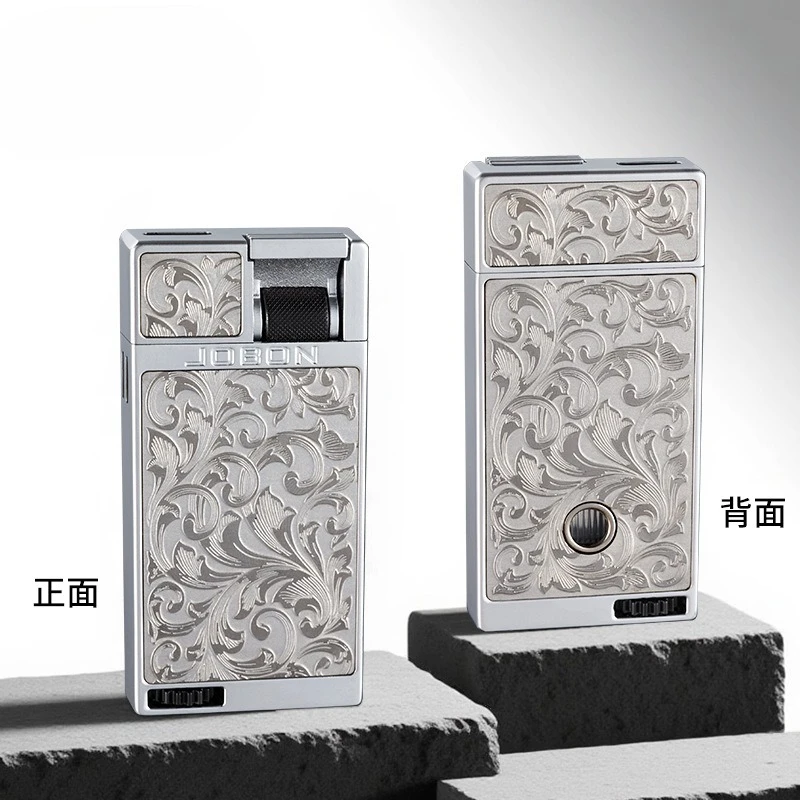 JOBON Flat Fire Blue Flame Gas Lighter, Lever Ignition, Relief Tangcao Pattern, Creative High-end Men's Gift view 6