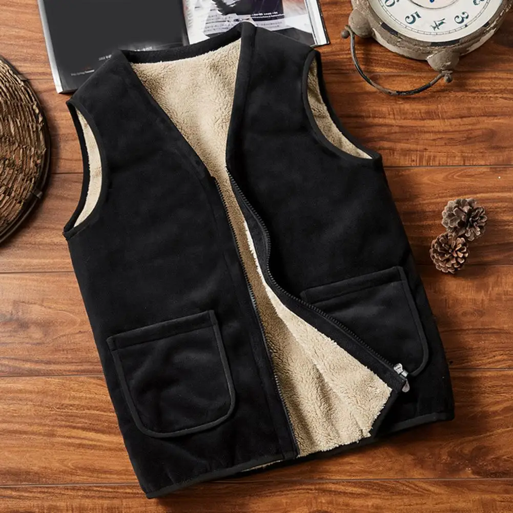 

Men Vest Thick Plush Lining V Neck Men Vest Coat Pockets Zipper Closure Cardigan Casual Mid-aged Father Jacket Waistcoat