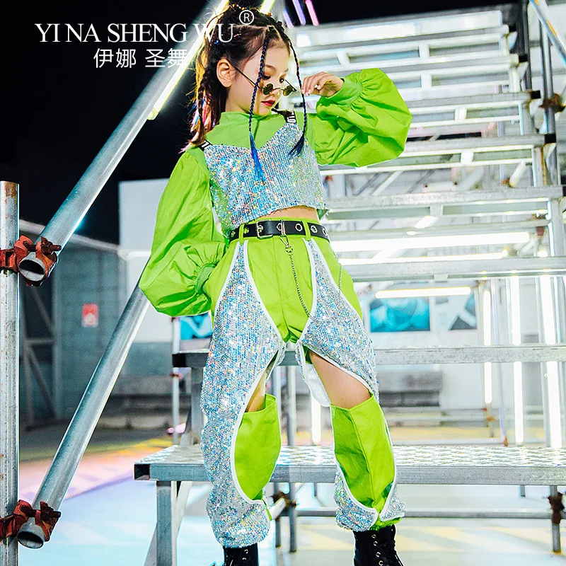 Mode K-pop Bühne Outfits Mädchen Grün Silber Pailletten Kostüm Jazz Dance Hip-hop Street Dance Kleidung Laufsteg Leistung tragen