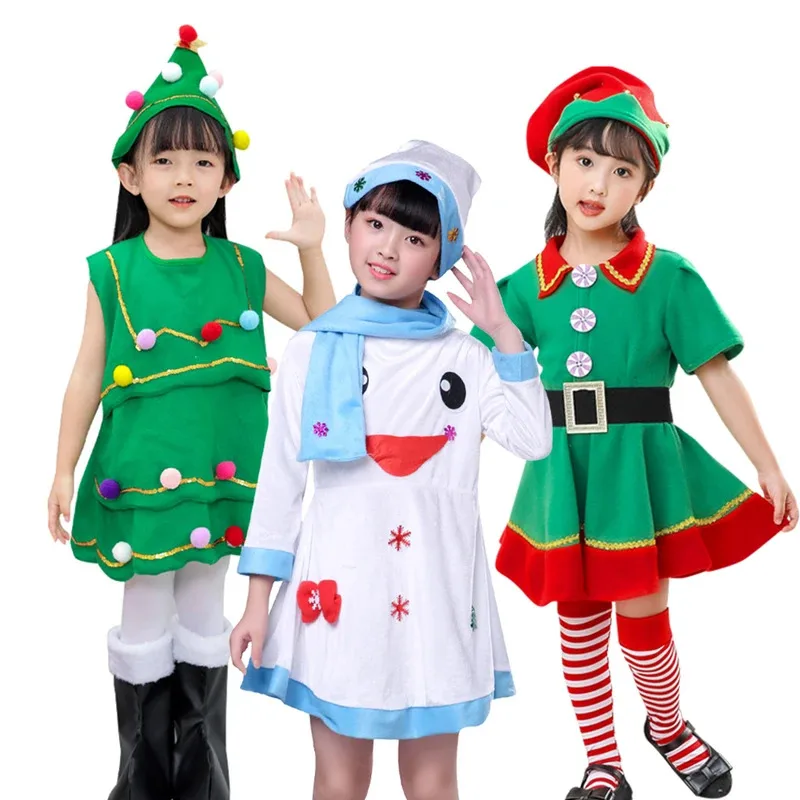 Sky06 Детский костюм Снеговик Деревья Эльфы Платье для косплея для девочек со шляпой Новый год Семейная праздничная одежда Christm66lU&