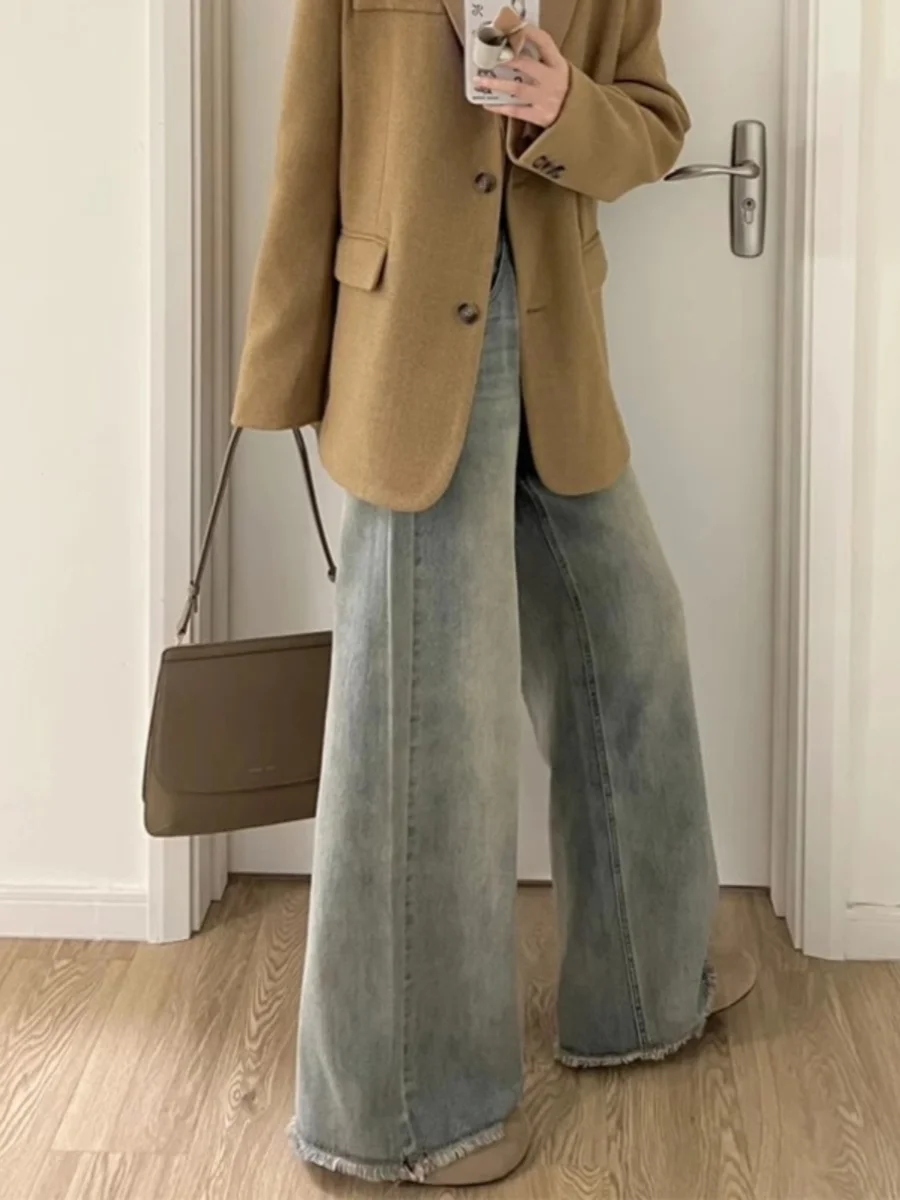 

Американские ретро-джинсы с высокой талией и широкими штанинами, женские, больших размеров, свободные, прямые, длинные брюки, темно-синий деним, весна-осень