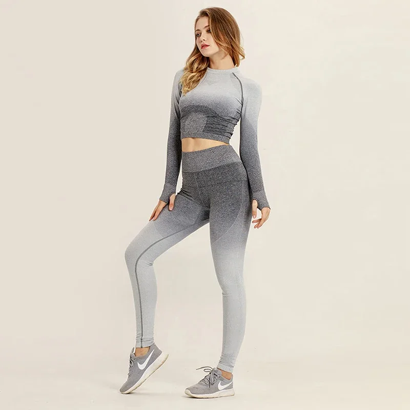 Ombre bezszwowy damski strój sportowy legginsy gimnastyczne ubrania do ćwiczeń z długim rękawem krótki top Fitness koszule spodnie zestaw do jogi