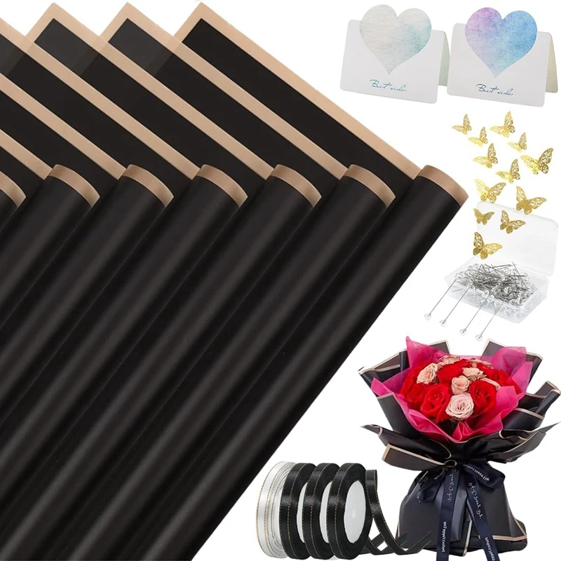 40 Sheets Flower Wrapping Paper With 4 Rolls Flower Ribbons, 20 Cards, 36 Pcs 3D Gold Butterflies