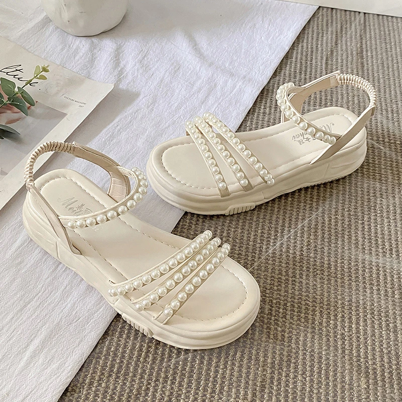 Luxury Pearl Strap Summer Princess Women's Sandals Fashion heels Height 4.5cm Female Shoes Soft Sole Shoes Women Beach Sandals