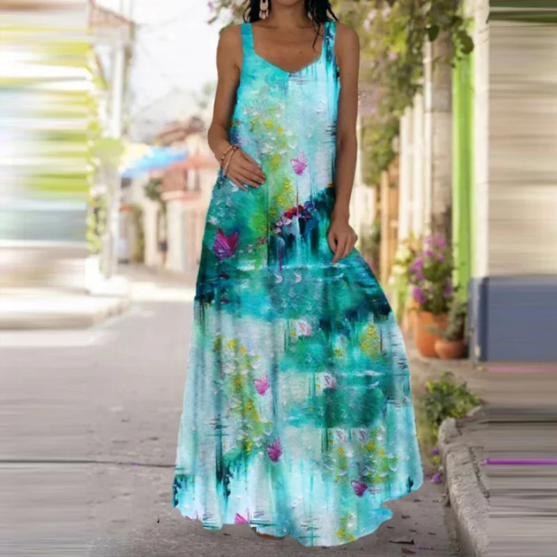 Women\'s Fashionable Butterfly Printed Sleeveless Dress Summer Casual Printed Long Dress