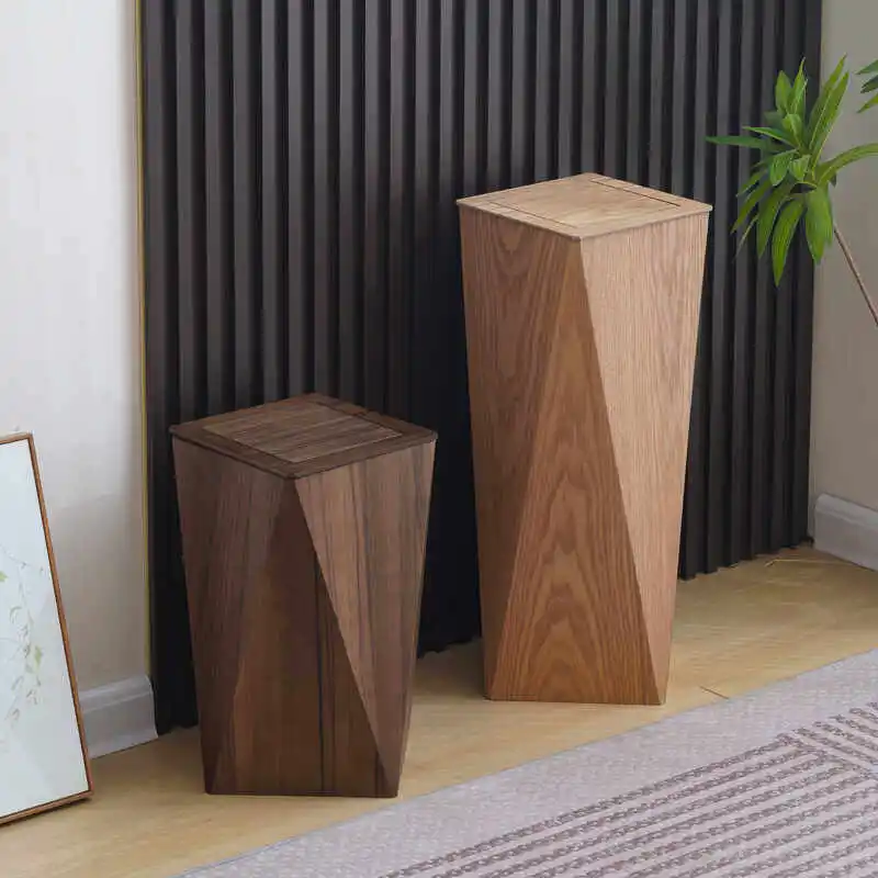 

Walnut Wood Lidded Trash Can Nordic Style Living Room Garbage Bin Light Luxury Waste Basket Hotel Office Home Paper Bin
