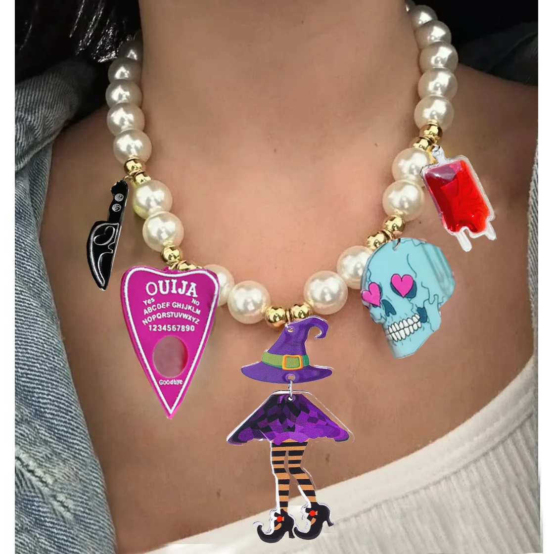 Red Blood Planchette bat Pendant Necklace for Women Goth Bead Chain Halloween Jewelry Halloween Pumpkin Ghost Party Cos