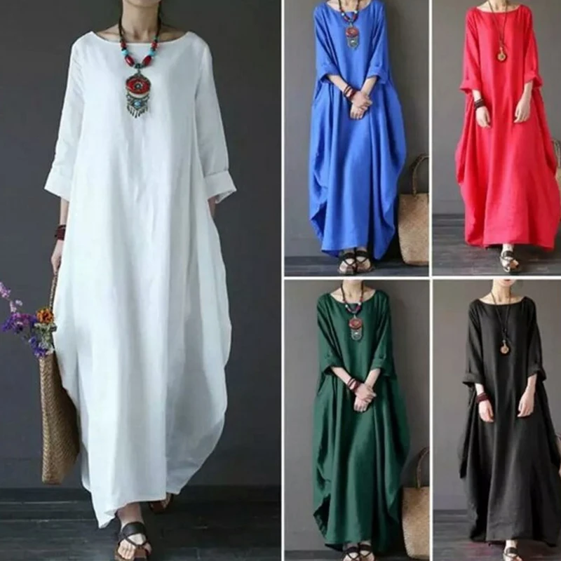 

Women Summer Thin Cotton Linen Loose Dress Literary Boho Long Sleeve Dress Lady Solid Color Robe Vintage Kaftan