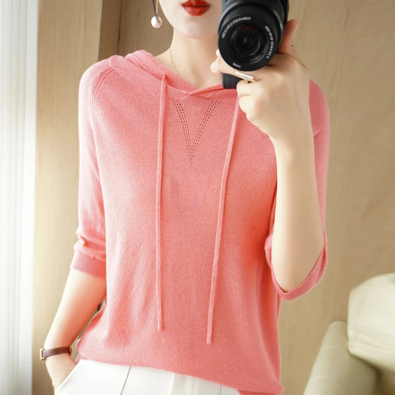 

Hooded Worsted Short-Sleeved T-Shirt WomenLoose 2023 Spring And Autumn New Knitted Sweater Women Thin Section