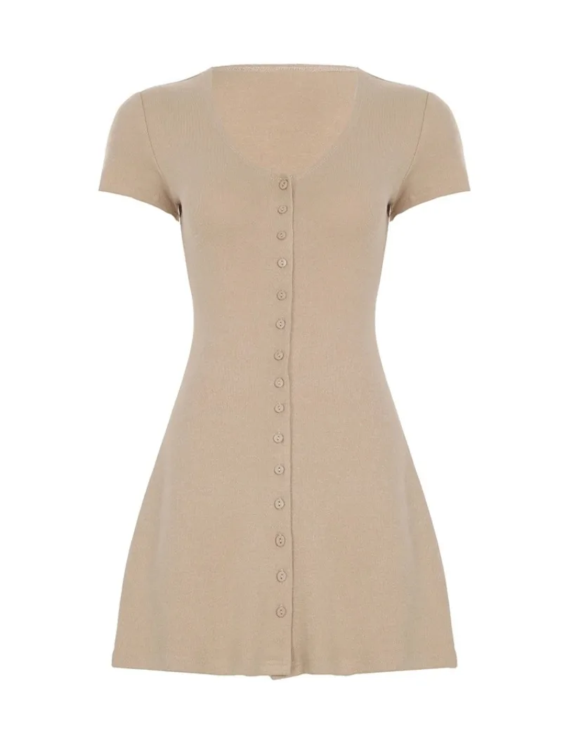 2025 New Casual Solid A-line Mini Dress Summer Button-up V Neck Short Sleeve Dresses for Women y2k Vintage Clothing Elegant Lady