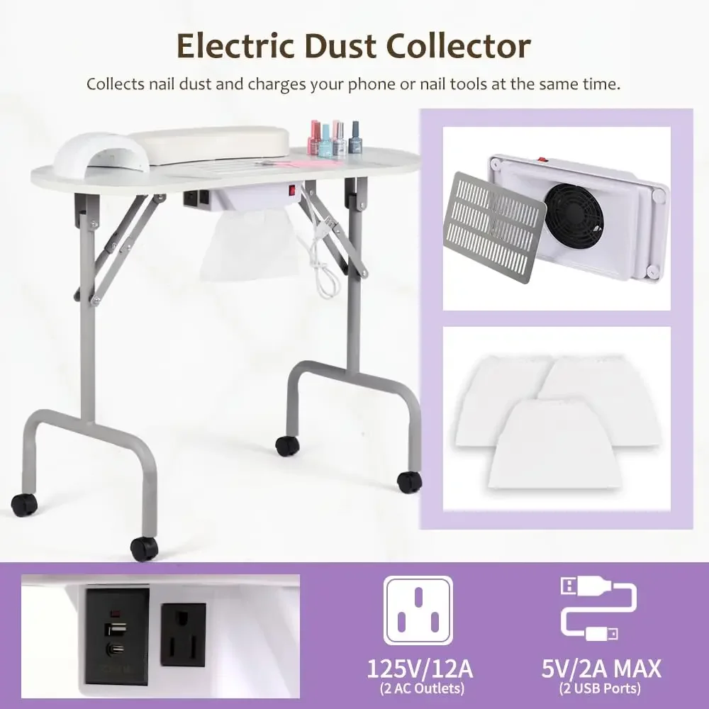 Manicure Table Foldable Nail Desk with Charging Station & Dust Collector Professional Nail Tech Table for Technician Sp