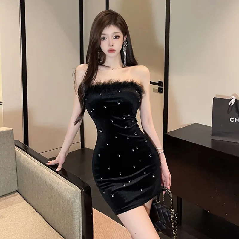 Women Korean Vintage Chic Prom Dress Summer Autumn Black Velvet Diamonds Luxury Short Dress 2025 Elegant Bodycon Festival Dress