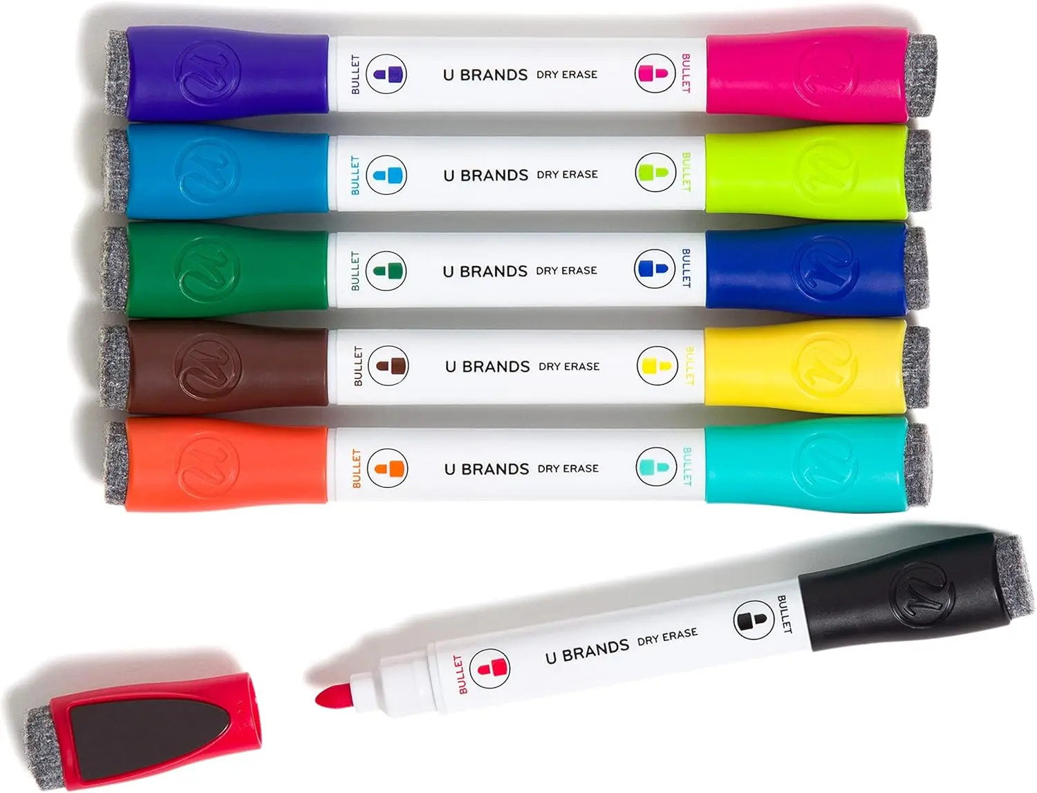 

Double Ended Dry Erase Markers with Eraser Caps, Medium Bullet Tip for Whiteboards, Low Odor Assorted Bright Colors, 6 Pack for