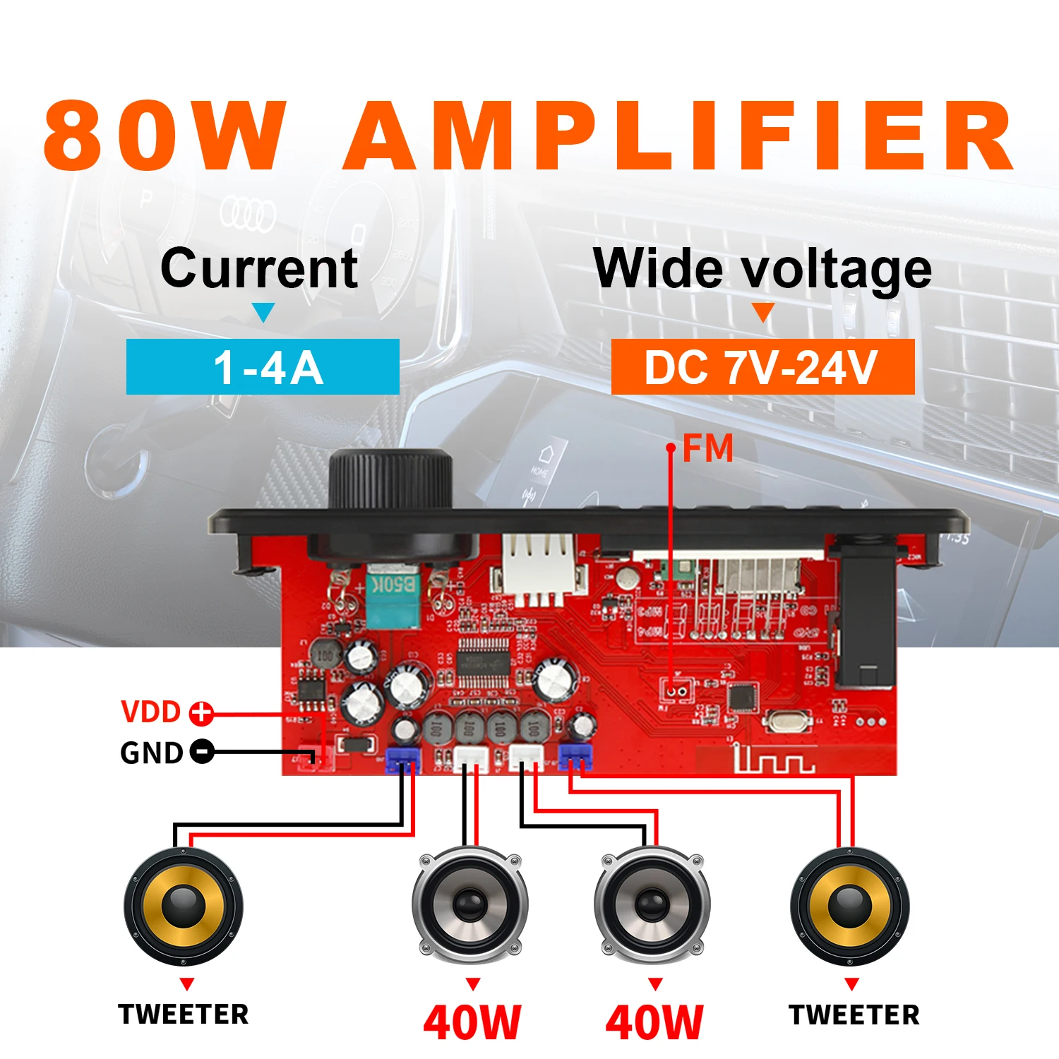 

80W Amplifier Bluetooth 5.0 MP3/WAV/FLAC Decoder Board DC 7-24V - Hi-Fi Car Audio System with Mic, USB/TF/FM & Noise Reduction