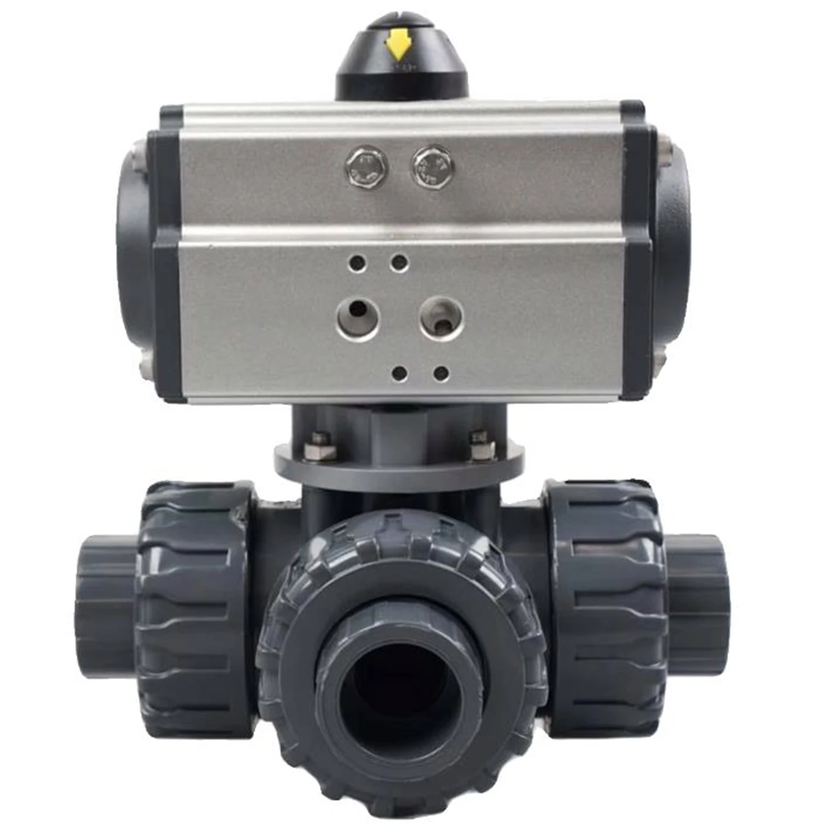 

Pipe ID 20mm PVC 1/2" DN15 Union Connection Pneumatic Ball Valve Three Way T Type PTFE Sealing Double Acting Actuator