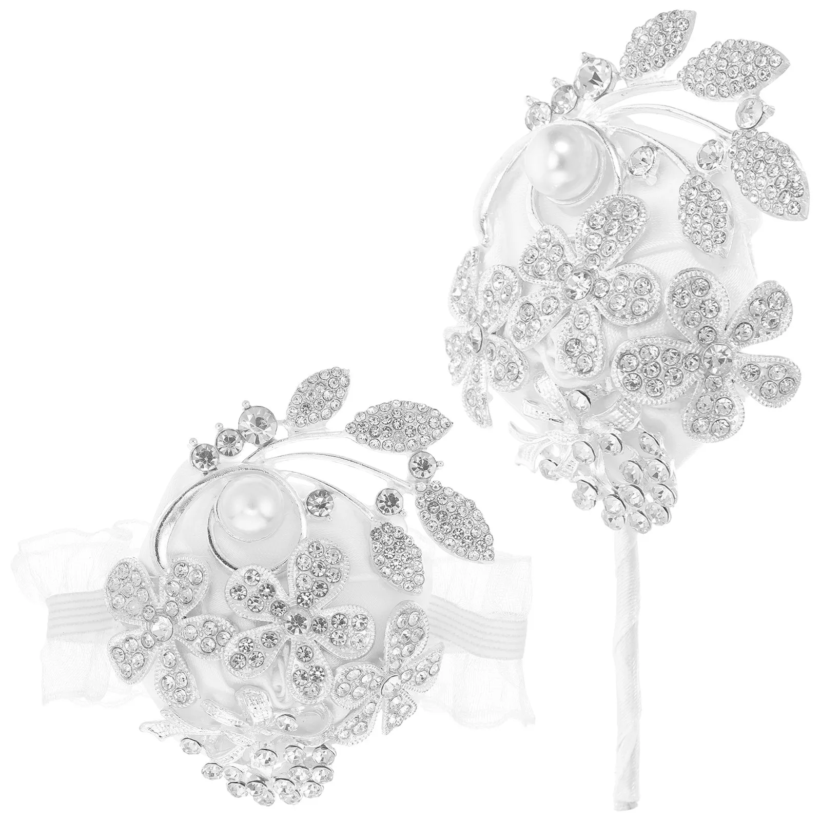 Wedding Wrist Corsage Set Faux Pearl Rhinestone Fabric Flower Bracelet for Bride Bridesmaid Prom Party
