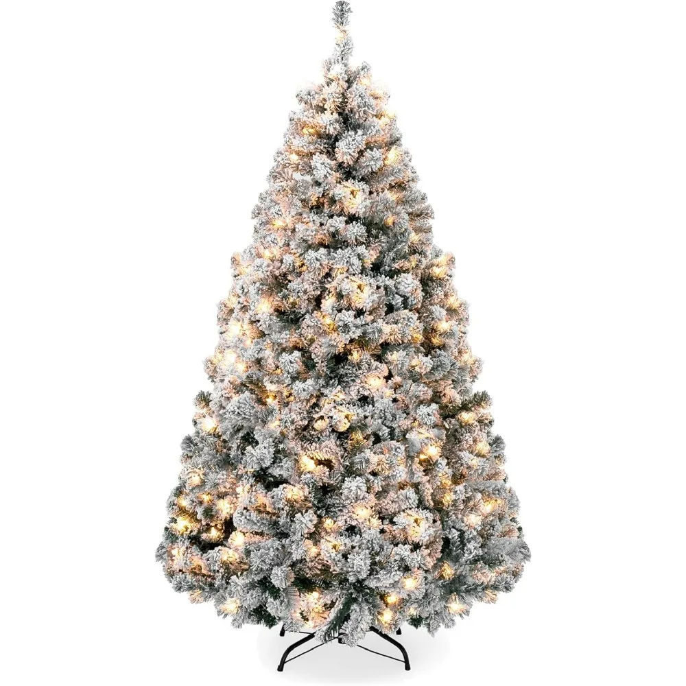 Pre-Lit Artificial Christmas Tree, 7.5ft Snow Flocked Design Pine Tree, Full Appearance Snowy w/Easy Assembly, Metal Stand