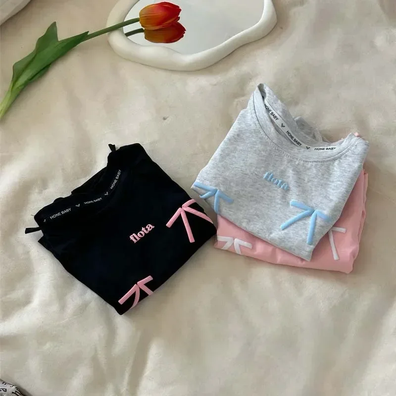 Baby Girls Long-sleeve T-Shirt Kids Top Tees with Bow-Knot Mother Daughter Bottoming 2024 Spring Autumn Children Fashion Clothes