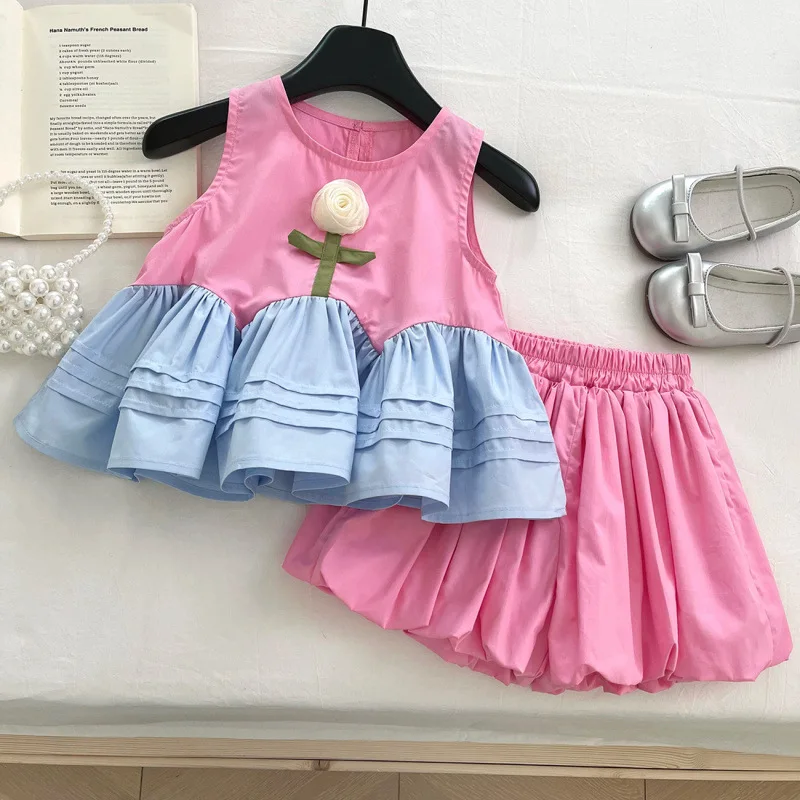 

Children's Set New Summer Girls Cute Stylish Rose Vest Dress+Sweet Style Two-Piece Set with Puff Pants