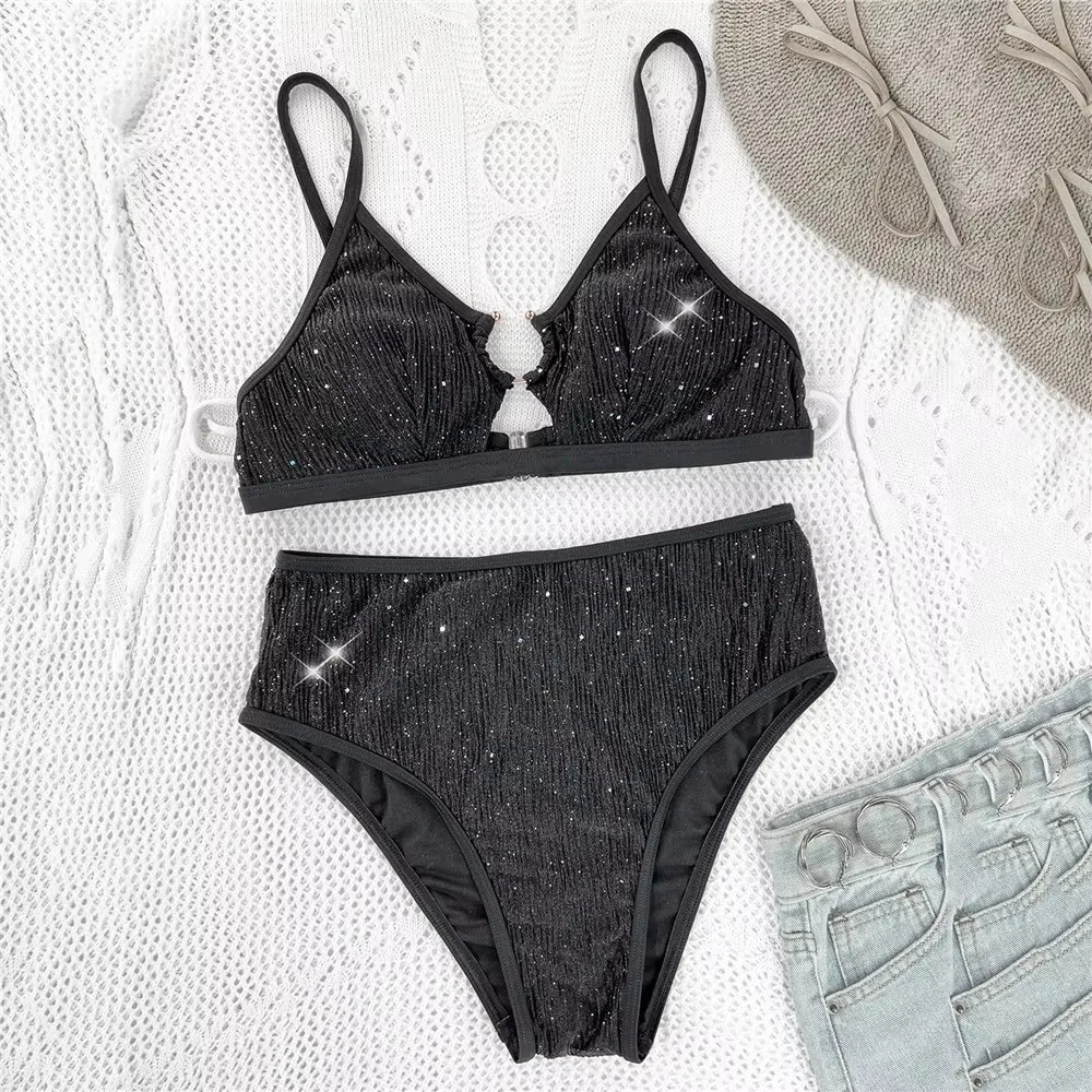 Zwart Glanzend Effen Badmode Hoge Taille Bikini Sets De Mujer 2025, Push Up Hollow Out Sexy Badpak Vrouwen Metalen Ring Bikini