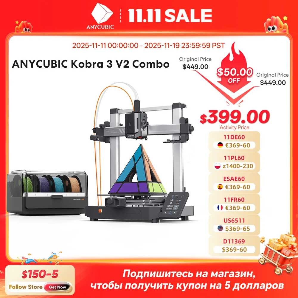 

ANYCUBIC Kobra 3 V2 Combo AE Version 600mm/s Fast Printing 3D Printer 8 Colors ACE Pro Filament Drying APP Control 3D Printer
