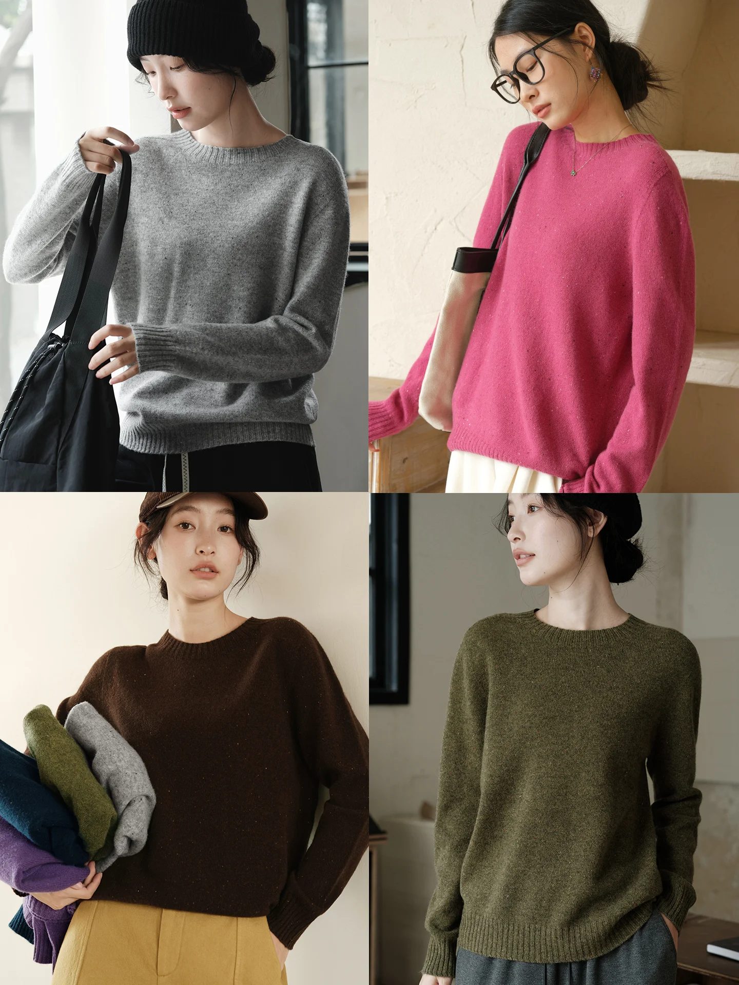 

00 Wool Yarn Double Strand Color Dot Sweater Warm Top Autumn Winter New Sle Commute Sle round Ne Long Sve Knitted S...