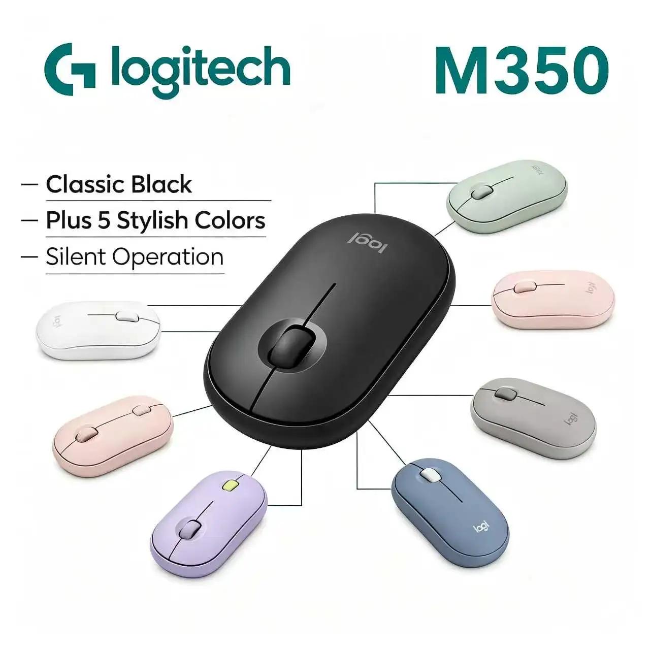 Logitech M350 Pebble Wireless Mouse 3 Button Design Silent Click Long Battery Life For Laptop Computer