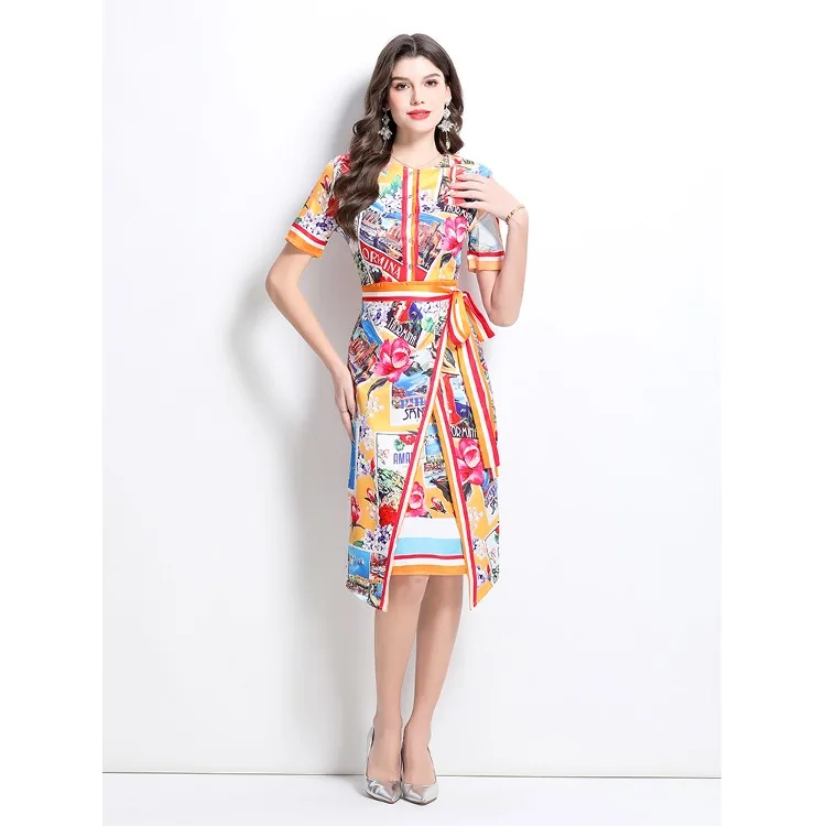 Summer Vaion NewETA 2025 ort Painted Oils Sle Dr Chic Lady Print High Waist Skirt Polyester Fiber ort Sve Dr