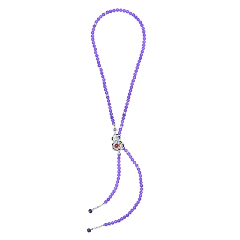 

BELLUX 925 Silver Synthetic Zircon Colored Carved Gemstone 8mm Handmade Purple Chalcedony Round Beads Long Necklace
