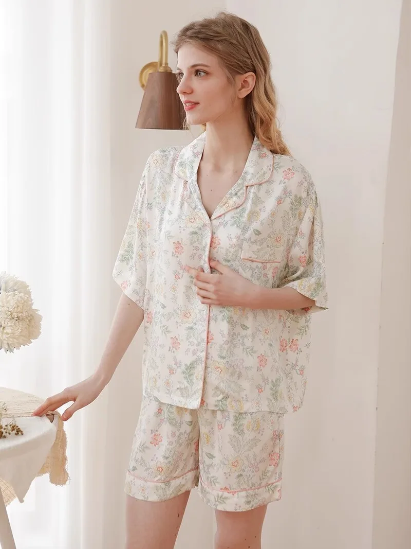 

Monet Garden Summer Lightweight Floral Casual Cotton Silk Home Clothes ort Sve orts Two-Piece Set Women's Spwear