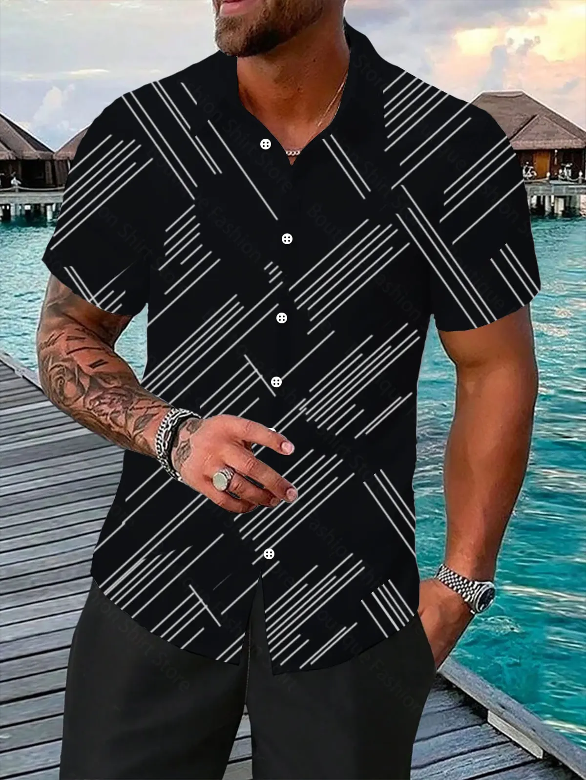 2024 Men\'s striped print short-sleeved lapel button Shirts street casual Hawaiian shirt large size XS-6XL fast delivery