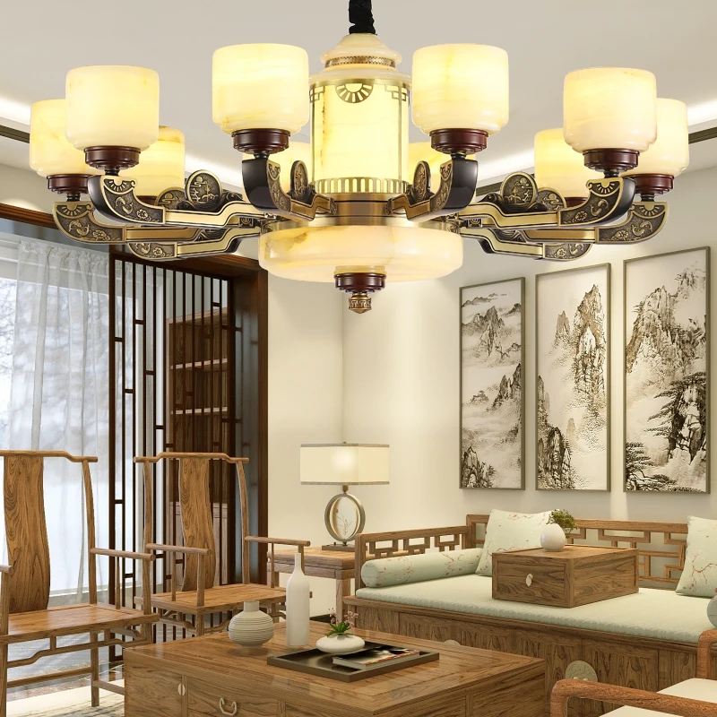 New Chinese Chandelier All Copper Jade Living Room Lamp Chinese Style Restaurant Lamp Villa Duplex Zhongshan Lighting Guangdong