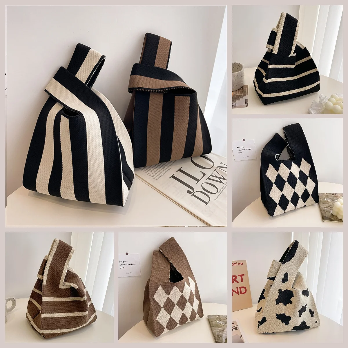 New Handmade Knit Handbag Women Knot Wrist Bag Japanese Casual Color Wide Stripe Plaid Tote Bag Student Reusable Shopping Bags