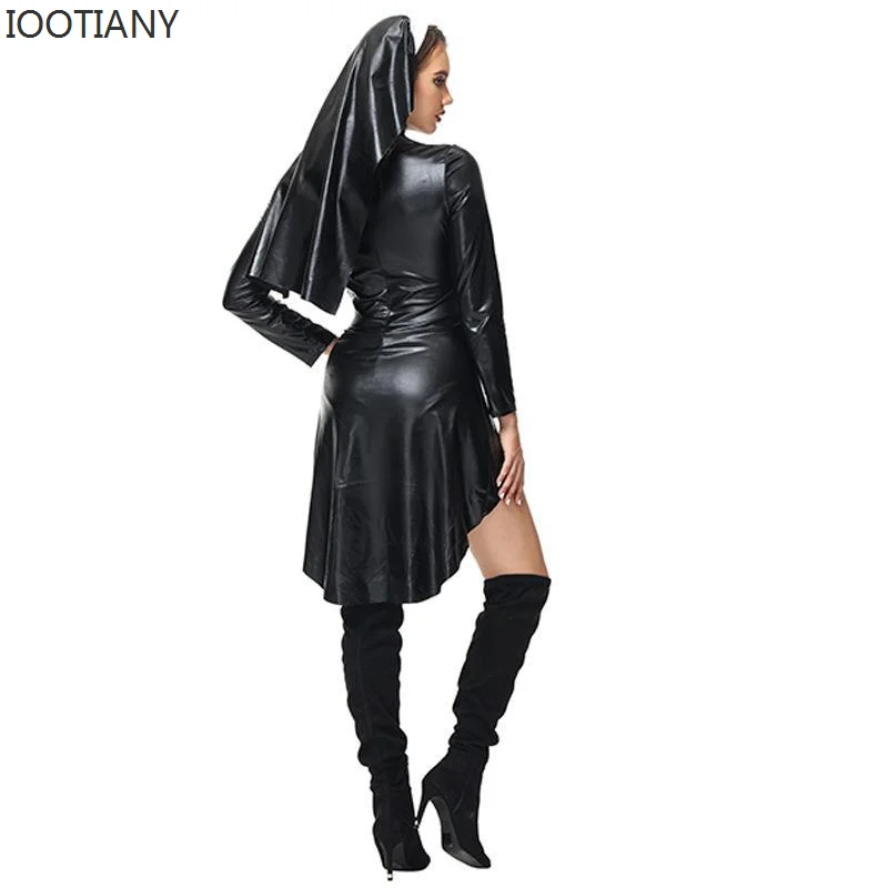 IOOTIANY Women Saintlike sedutess Costume ecopelle Pvc Wetlook Nun Costume Sexy Nurse Cosplay Stage Performance Costume