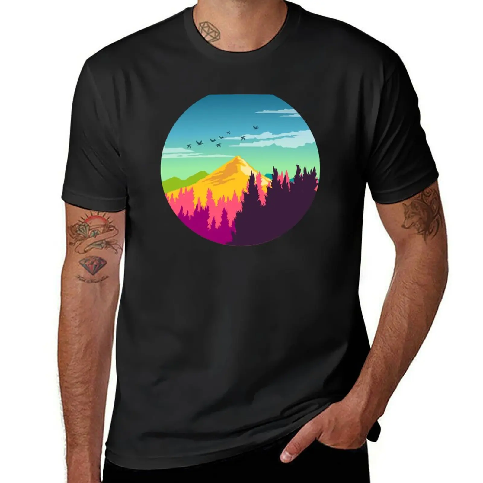 Colorful Nature Landscape : Mountain and Forest Scene with Happy Birds T-Shirt customs design your own boys whites mens clothes