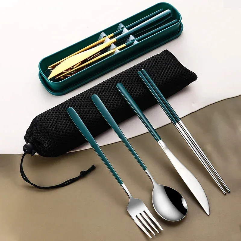 4pcs 304 Tableware Set Portable Cutlery Dinner Stainless Steel Knife Fork Spoon Chopsticks Portable Travel Flatware With Box