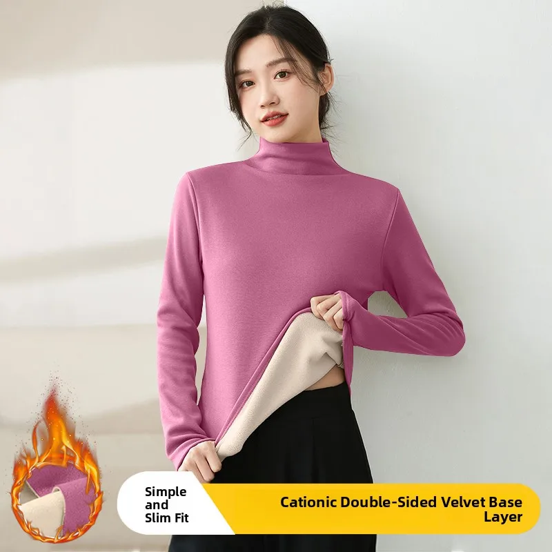 ionic Velvet f High Collar Fce Gefüttertes Damen Base irt Trendy Herbst Winter Thiened Long Sve Color Top