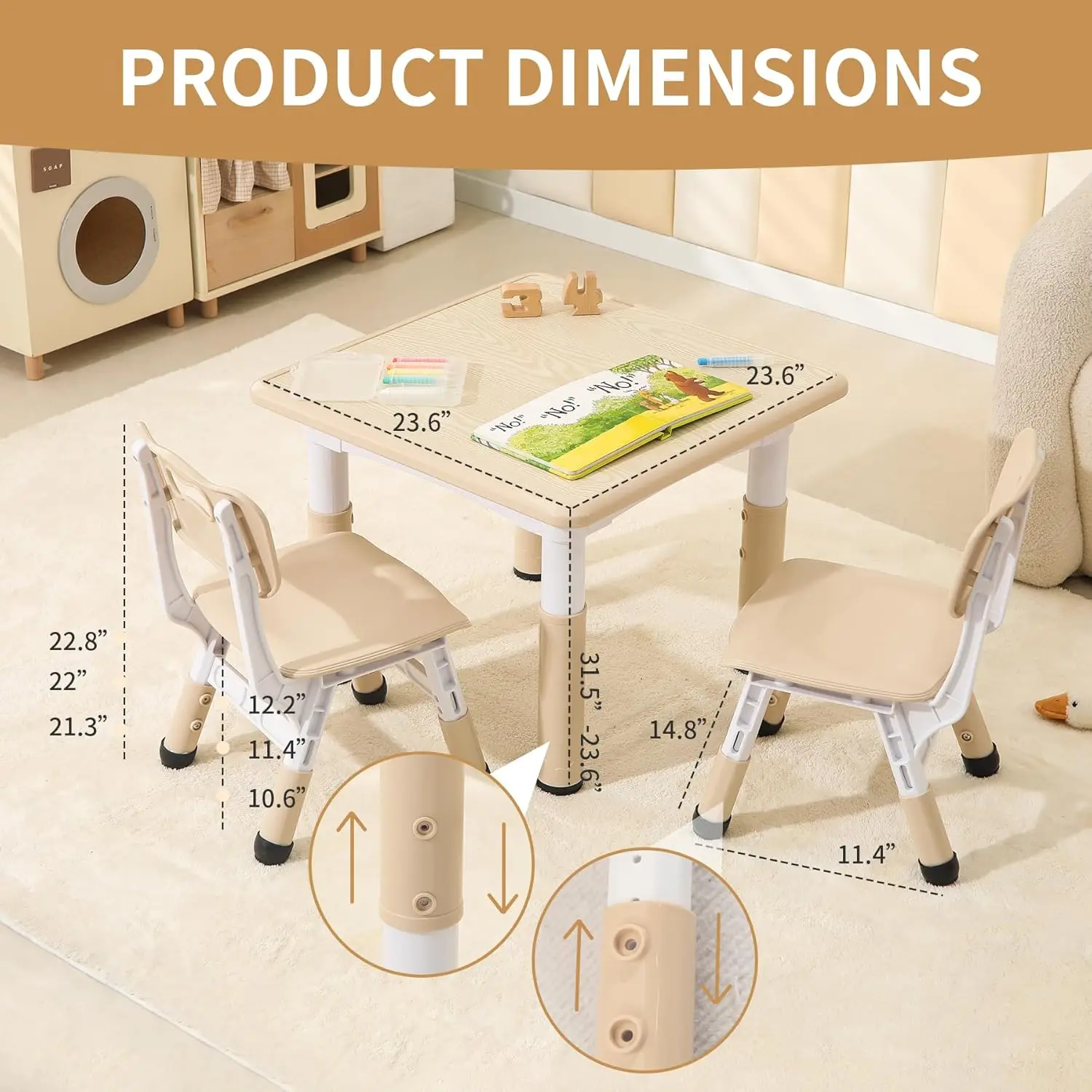 Kids Table and 2 Chairs Set, Height Adjustable Toddler Table and Chairs with Anti-Slip Foot Covers,