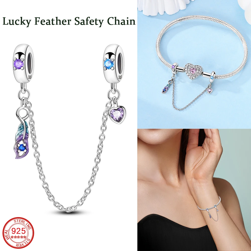 New Cute 925 Sterling Silver Blue Purple Lucky Feather Safety Chain Charm Bracelet Fit DIY Jewelry Women's Gift Accessories