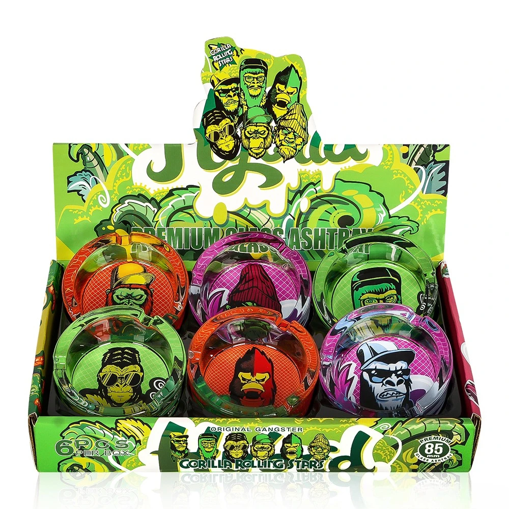 

6-Pack New Gorilla Themed Glass Ashtray Color Box Set Portable 85mm Round Ashtray Creative Smoking Gift for Men Tobacco Shop