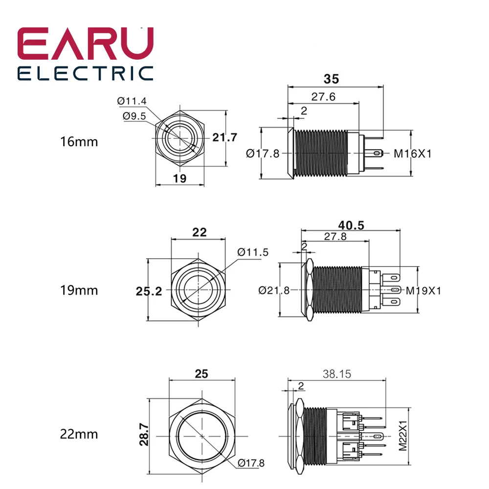 12/16/19/22mm Oxidized Black Waterproof Metal Push Button Switch Latching Momentary LED Light Power Switch 5V 12V 24V 220V