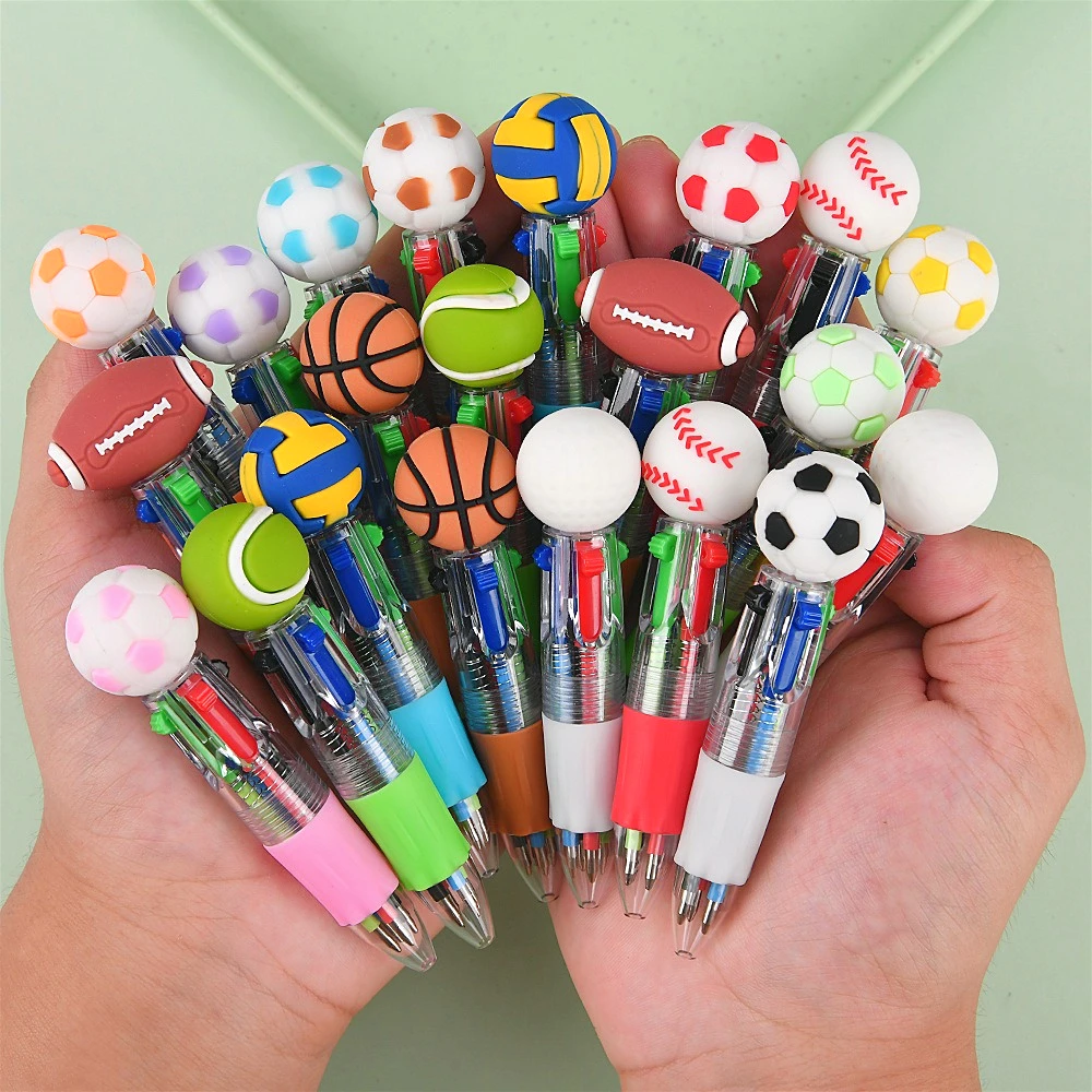 

10Pcs/Lot Cute Ball Series 4Color Ballpoint Pens Football Basketball Ugby-themed Tennis Four-color Pen Cartoon School Stationery