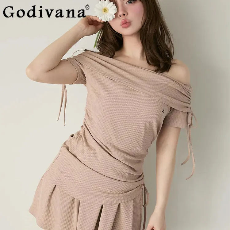 

2026 Summer New Ladies 2-piece Set Japanese Women's Matching Sets Sweet Girl Cute Off-Shoulder Top + Elastic Waist Shorts Set