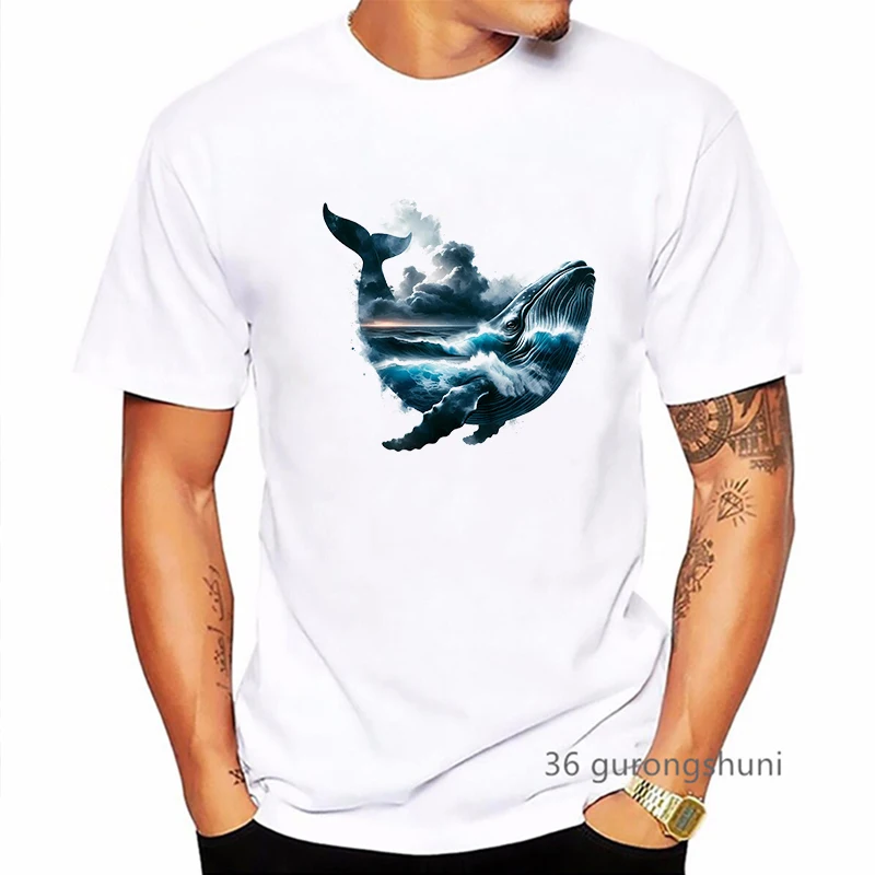 New Arrival 2024 Watercolor Whale Printed Tshirt Men'S Clothing Sunrise Fashion T Shirt Homme Summer Fashion T-Shirt