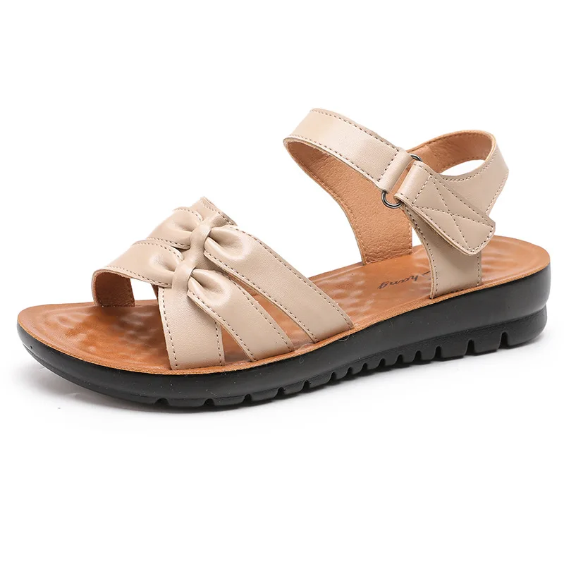 Women Sandals 2023 Fashion Leather Outdoor Wedges Shoes For Women Summer Flat Non-slip Soft Bottom Elderly Beach Casual Shoes