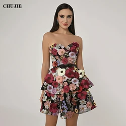 3D Flowers Cocktail Dresses For Women Mini Tulle Elegant Party Dress Lace Up Back Strapless Evening Dress Woman Graduation Gown