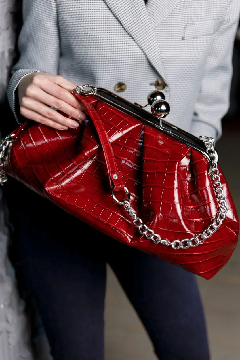 Lost in Vintage 40x25x15cm Border Leather Big Ball Kiss Lock Red Crocodile Sapphire Bag Dark Red Purse Large Clutch view 6