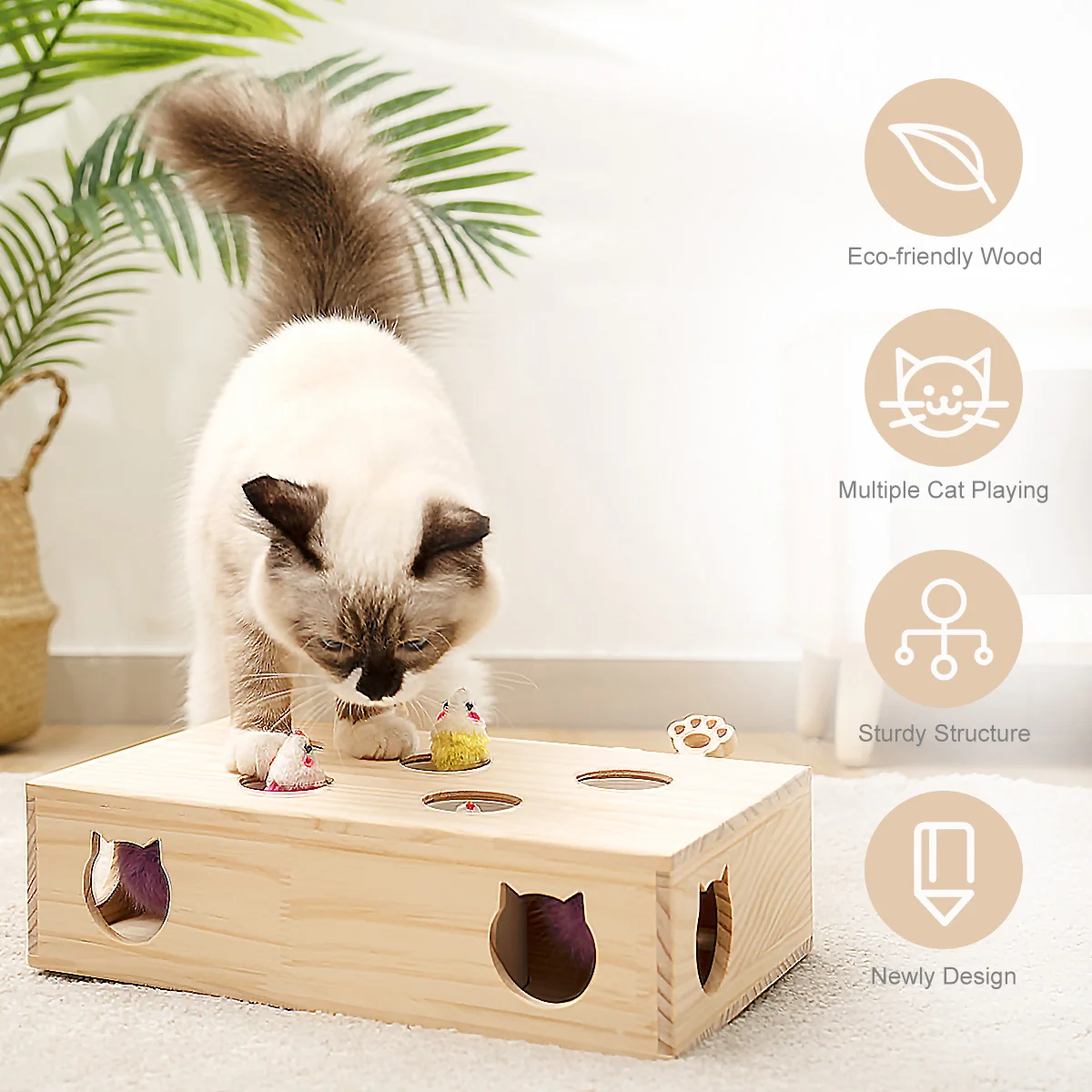 Cat Toys Interactive Whack-a-mole Solid Wood Toys for Indoor Cats Kitten Catch Mice Game US Stock Dropshipping WG320