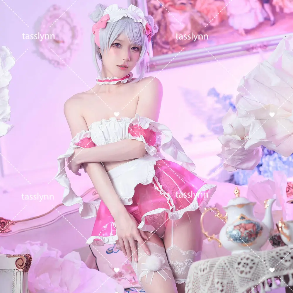 

Original Pink Lolita Maid Cosplay Sweet Dress for Geek Girls Halloween Costume Sexy Transparent Maid Dress Transparent Uniform